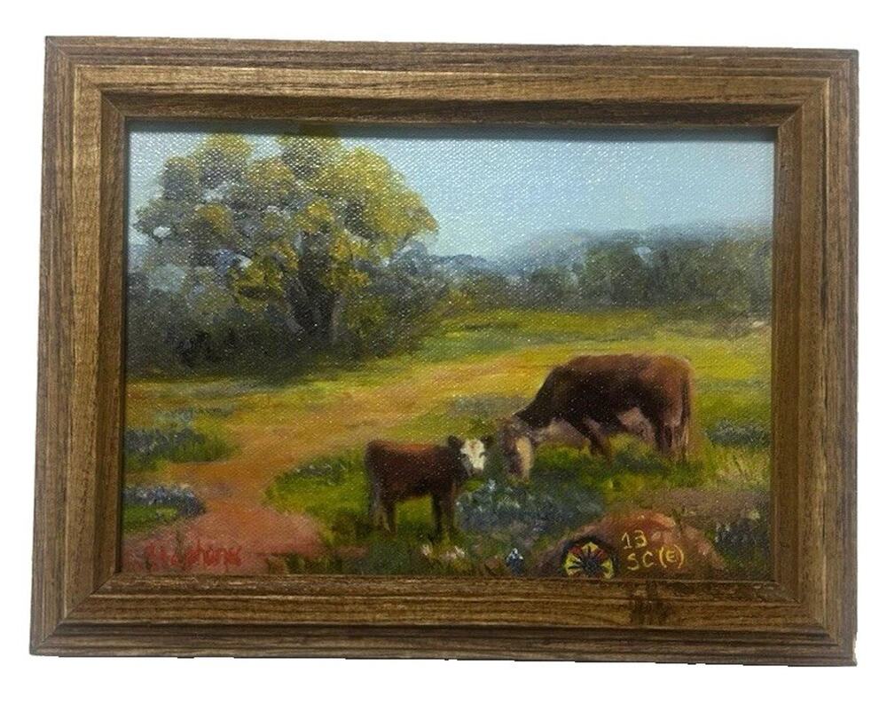 McHenry Framed Signed Impressionist Cow Landscape Canvas Painting 6x7 Small